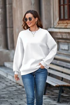 White Crew Neck Pullover Sweatshirt Plain White Sweater For Fall, White Plain Sweater For Fall, Plain White Fall Sweater, Casual Sweater With Ribbed Cuffs And Drop Shoulder, Casual Drop Shoulder Sweater With Ribbed Cuffs, Oversized White Sweater With Ribbed Collar, White Hoodie With Ribbed Collar For Fall, White Relaxed Fit Sweater With Ribbed Collar, White Sweatshirt With Ribbed Collar