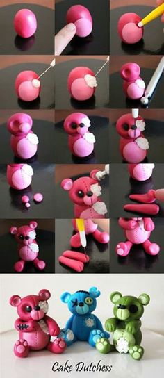 there are many different pictures of teddy bears in pink and green, one is holding a toothbrush