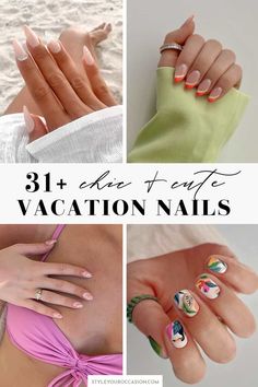 Looking for cute Vacation nails and design ideas? You’ll love this list of modern, chic ideas including tropical nails (Mexico trip!), beach nails, and other elegant nails. There’s also Disney nails, and ideas for a winter getaway too! With a variety of styles including coffin, almond shape, square, short long, acrylic, gel, and natural nails, this list has it all! Whether you want simple white nails or fun pink or blue, you’ll love this list for 2023! Nail Art Designs Extensions, Elegant Nails For Vacation, Almond Nails Vacation Designs, Nail For Vacation Beach, Beach Short Nails Vacation, Beach Vacation Acrylic Nails, Acrylic Nail Designs For Mexico, Tropical Vacation Acrylic Nails, Nail Art Beach Vacation