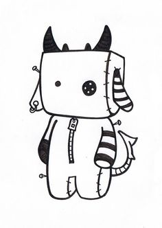 a black and white drawing of a little monster with horns on it's head