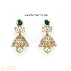 Diamond Earrings for Women in 18K Gold VVS Clarity E-F Color -Indian Diamond Jewelry -Buy Online Traditional Green Earrings With Jewels, Traditional Green Jeweled Earrings, Traditional Wedding Earrings With Jewels, Elegant Drop Jhumkas For Anniversary, Elegant Drop Earrings Jhumkas For Anniversary, Elegant Jhumkas For Anniversary, Indian Diamond Earrings, Drop Earrings Diamond, Diamond Jhumkas