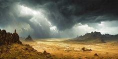 an image of a storm coming in from the sky over a desert area with rocks and grass