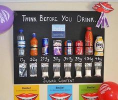 a chalkboard with different types of sodas and beverages on it, along with the words think before you drink