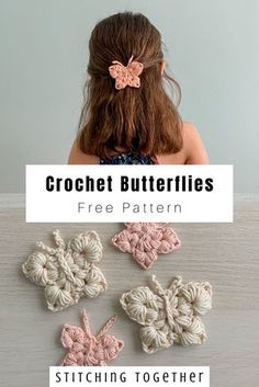 the crochet butterfly pattern is shown in three different colors and sizes, with text overlay