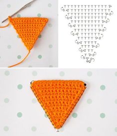 an orange crocheted triangle is next to a pair of scissors and the pattern