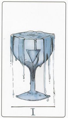 a blue tarot card with the letter t on it and dripping liquid coming out of it