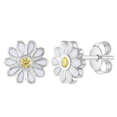 A dainty flower earring for the special princess in your life. She will obsess over the delicate petals of this daisy flower, a sweet an elegant look is achieved through the white enamel petals and yellow cubic zirconia stone at its center. A petite flower earring she will never want to take off. These earrings include a complimentary gift box for easy giving! White Flower Shape Jewelry For Anniversary, White Flower-shaped Anniversary Jewelry, Dainty White Sterling Silver Flower Earrings, Daisy Earrings As A Gift, Daisy Flower Charm Earrings For Gift, Daisy Flower Charm Earrings As Gift, Nickel-free Daisy Earrings For Gifts, Nickel-free Daisy Flower Earrings Gift, White Hypoallergenic Flower Earrings