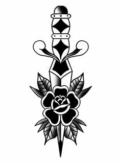 a black and white drawing of a dagger with flowers on the side, surrounded by leaves