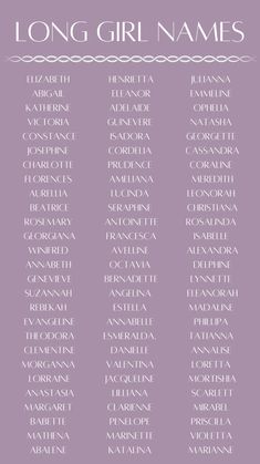 the long girl names in white on a purple background with black and white text below them