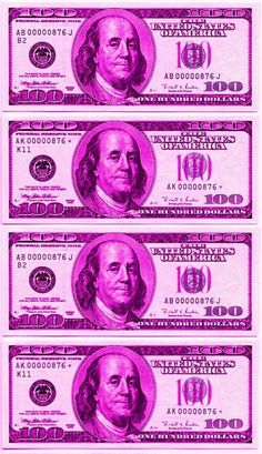 three stacks of one hundred dollar bills with the same bill on each side, in purple