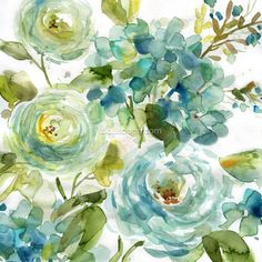 watercolor painting of blue and green flowers