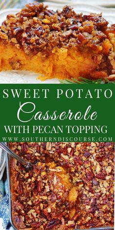 sweet potato casserole with pecan topping in a baking pan and on a plate