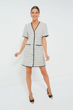 White Tweed Josephine Dress | Pomander Place Chanel Suits For Women Classy, Formal Business Attire Women Dresses, White Tweed Dress Outfit, White Suit Dress For Women, Work Appropriate Dresses, Business Professional Dresses For Women, Office Dresses For Women Classy Chic, White Coat Ceremony Party, 1960s Fashion Women Classy