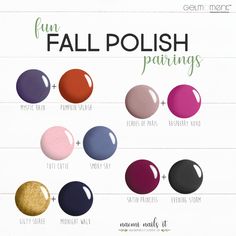 Fall Nail Color Schemes, Nail Polish Pairings Color Combos Manicure And Pedicure, Fall Nail Color Pairings, Summer To Fall Manicure, Autumn Colour Nails 2022, Oct Nail Colors, September Mani Pedi, Fall Nail Polish Pairings, Fall Nail Pairings