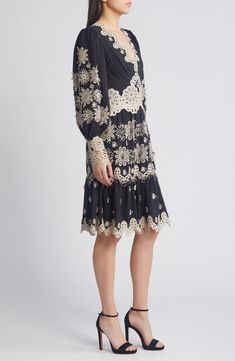 This linen-kissed dress is decorated by contrasting lace appliqué details and framed by long sleeves with lots of volume. V-neck Long sleeves 75% Tencel® lyocell, 25% linen Tencel lyocell is a sustainably produced fiber made with closed-loop processing Dry clean Imported Spring Long Sleeve Dresses With Contrast Lace, Black Long Sleeve Dress With Lace Work, Long Sleeve Lace Dress With Contrast Lace, Black Long Sleeve Dress With Lace Cuffs, Aurora Dress, Kobi Halperin, Long Sleeve Wrap Dress, Embroidered Midi Dress, Dress Home