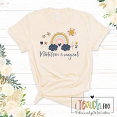 Montessori is Magical! Perfect for your favorite Montessori teacher (or student!). ----- T-SHIRT DETAILS ------ Designs are digitally printed on premium Bella + Canvas cotton or cotton/poly blend t-shirts. This shirt is available in white or soft cream tee colors. Unisex fit is slightly longer, true-to-size for women, and size-up for men. Please use the size guide in the listing images above to ensure your best fit - we can NOT accept returns or exchanges for a different size!  ----- CUSTOM ORDE Crew Neck Cotton Sublimation Design For School, Cotton T-shirt With Sublimation Print For School, Montessori Teacher, T Shirt Printer, Best Teacher Gifts, Magical Gift, Montessori Materials, Gifts For Teachers, Upper Elementary