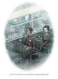 two people sitting in seats on a train with the caption, by the last story he was usually the only passenger left