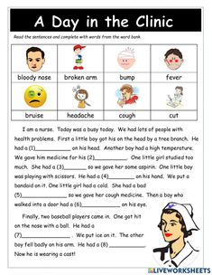 a day in the clinic worksheet for kids with pictures and words on it