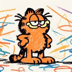 a drawing of a cat sitting in front of some colored crayon writing on paper