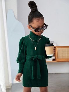 Young Girl Mock Neck Lantern Sleeve Belted Dress Dark Green Elegant  Long Sleeve Knitted Fabric Plain Fitted Slight Stretch  Young Girls Clothing, size features are:Bust: ,Length: ,Sleeve Length: Deep Green Outfit, Girls Knitted Dress, Shein Kids, Velvet Dress Casual, Lantern Sleeve Sweater, Dark Green Dress, Winter Photoshoot, Solid Color Dress, Green Outfit