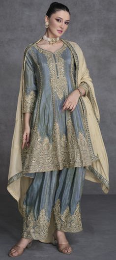 Black and Grey color Salwar Kameez in Organza Silk fabric with Embroidered, Mirror, Sequence, Thread, Zari work Blue Colour Dress, Silk Anarkali, Anarkali Salwar, Palazzo Suit, Desi Clothes, Embroidered Organza, Ghagra Choli, Designer Salwar Suits, Anarkali Suit