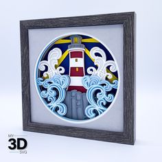 a 3d image of a lighthouse surrounded by waves in a wooden frame on a white background