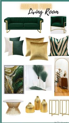 green and gold living room mood board