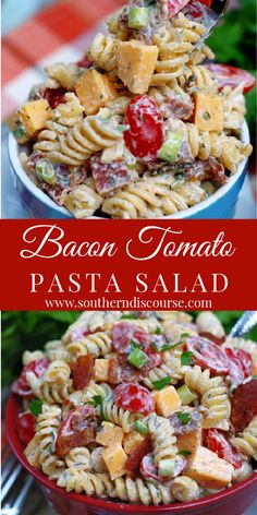 bacon tomato pasta salad in a red bowl with the title above it that reads bacon tomato pasta