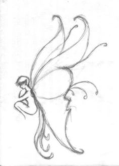 a pencil drawing of a fairy sitting on top of a white sheet with swirls