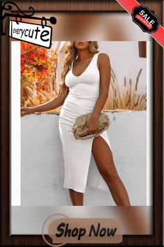 White Ribbed V Neck Sleeveless Split Bodycon Dress White V-neck Bodycon Dress, White V-neck Bodycon Dress For Club, White Sleeveless V-neck Stretch Dress, White V-neck Stretch Bodycon Dress, Stretch Knit V-neck Bodycon Dress, Dresses Bodycon, Bodycon Dresses, Women Dresses, Bodycon Dress