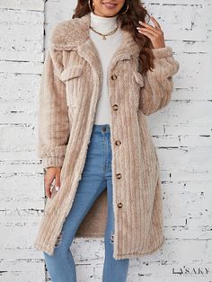 Lasaky - Premium Mid-Length Faux Fur Coat with Button Front Closure and Long Sleeves - Womens Winter Outerwear Cozy Beige Outerwear With Button Closure, Fitted Winter Outerwear With Buttoned Pockets, Cozy Fitted Outerwear With Button Closure, Beige Winter Outerwear With Buttoned Pockets, Outerwear Women Winter, Winter Outerwear, Womens Winter, Pocket Pattern, Color Care