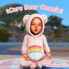 a baby in a pink bear onesie sitting on the ground