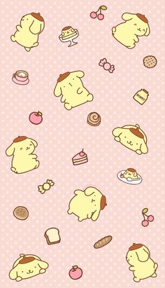 some cartoon animals are on a pink and white polka dot background with different food items