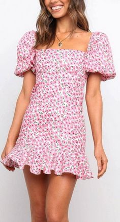 Pink Ruffled Floral Printed Puff Sleeve Summer Casual Dress. This pink summer short dress is made of a soft breathable fabric. We do not see through the fabric. The fabric is light and will keep you cool. This dress tight will make you look cool and sexy. This summer dress is of great quality. You will receive a product as good as the one displayed on the image. Fitted Mini Hem Sundress For Vacation, Pink Party Dresses With Mini Hem, Spring Feminine Mini Dress, Feminine Pink Mini Hem Dress, Feminine Mini Dress For Spring, Casual Mini Dress With Floral Print, Fitted Mini Dress For Summer, Cute Pink Puff Sleeve Mini Dress, Summer Mini Dress With Ruffle Hem