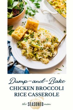 dumpp and bake chicken broccoli rice casserole on a white plate