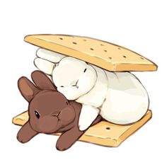 a brown and white stuffed animal laying on top of a piece of bread with its eyes closed