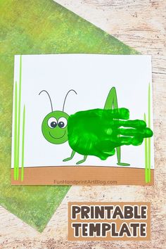 a handprinted green insect with the words printable template next to it on a piece of paper