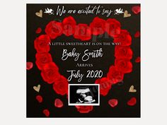 a heart shaped frame with roses in the shape of a baby's birth date