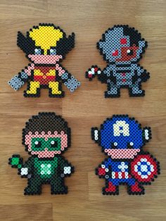 four perler bead magnets depicting the avengers and captain america