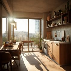 a kitchen and dining area with open windows overlooking the city outside at sunset or sunrise