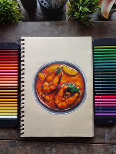 a drawing of oranges in a bowl on top of a table with colored pencils