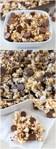 chocolate covered granola in a white baking dish and then topped with marshmallows