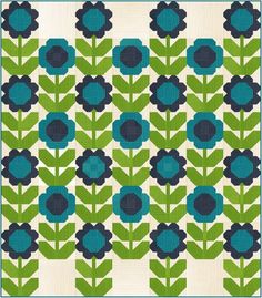 a blue and green flower pattern on a white background