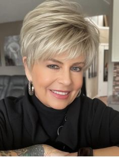 Tiffany by Envy | Short & Chic Pixie – Wigs.com Pink Highlights Short Hair, Stacked Bob Haircut For Thick Hair, Womens Hair Cuts, Wispy Edges, Tapered Layers, Blonde Hightlights, Grey Hair Topper, Bob Pixie Haircut, Short Stacked Hair