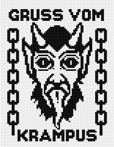 a cross - stitch pattern with the words kramus and an image of a demon