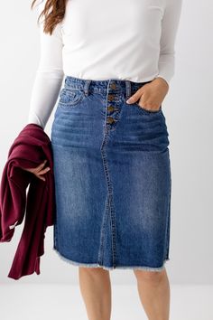 'Haven' Knee Length Denim Skirt in Medium Wash Knee Length Jean Skirts, Denim Skirts For Women, Modest Denim Skirts, Knee Length Denim Skirt, Denim Skirts Knee Length, Jean Skirt Outfits, Jean Skirts, Soft Dramatic, Denim Skirt Outfits