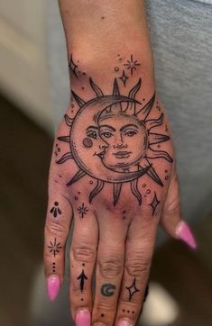 20 Full-Hand Tattoos That Will Decorate Your Hands Instead Of Jewelry Spiritual Tattoos Hand, Hand Spiritual Tattoo, Hand Tattoos With Butterflies, Top Of Hand Tattoos For Women Unique, Moon And Sun Hand Tattoo, Women Hand Tattoo Ideas Unique, Cover Up Tattoos Hand, Arm And Hand Tattoos For Women, Unique Hand Tattoos Women