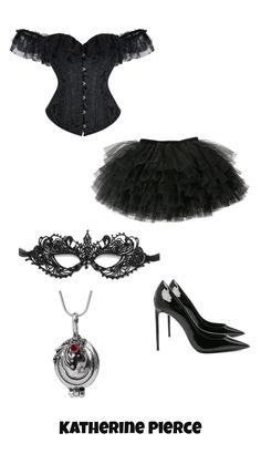 the costume is black and has a mask, high heeled shoes, and necklace