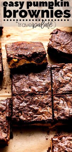 brownies cut into squares and stacked on top of each other with text overlay that reads easy pumpkin brownies