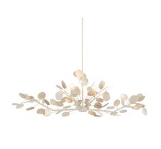 a white chandelier with leaves hanging from it's center point, on a white background